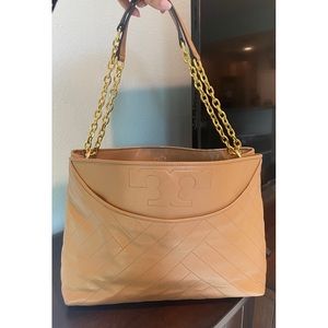Tory Burch logo purse tan with gold chain
